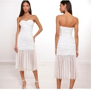 🌻NEW w/tag LULU Sparkling Babe White Mesh Rhinestone Ruched Strapless Dress M